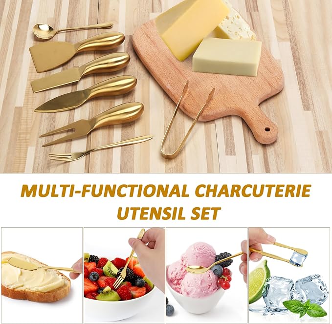 18 pieces Charcuterie Board Accessories, Gold Stainless Steel Cheese Knives, Butter Knife Spreader, Appetizer Forks, Mini Serving Tongs Spoons for Gathering Wedding Birthday...