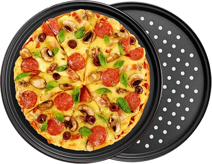 12.6 inch Pizza Pan With Holes, Carbon Steel Perforated Non-Stick Bakeware for Home Kitchen Oven, 2 Pack