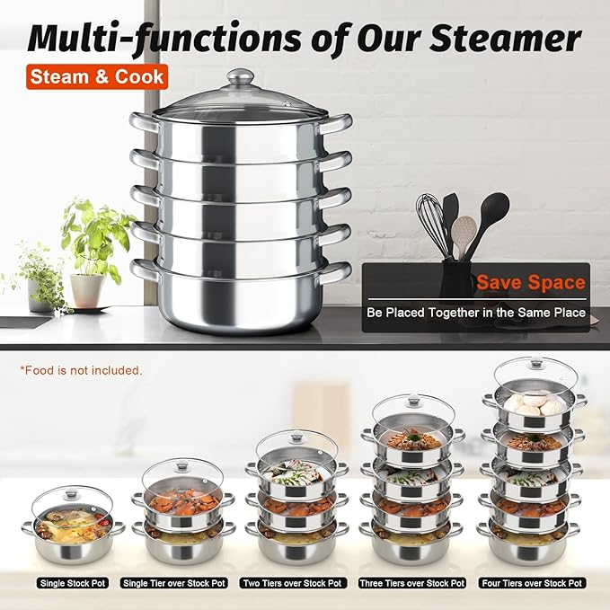 Steamer Pot 12in, 5-Tier Stackable Steamer Cooker with Lid and Triply Bottom, 304 Stainless Steel Food Cookware Set for Vegetables, Dumplings, Seafood on Gas & Electric Stoves