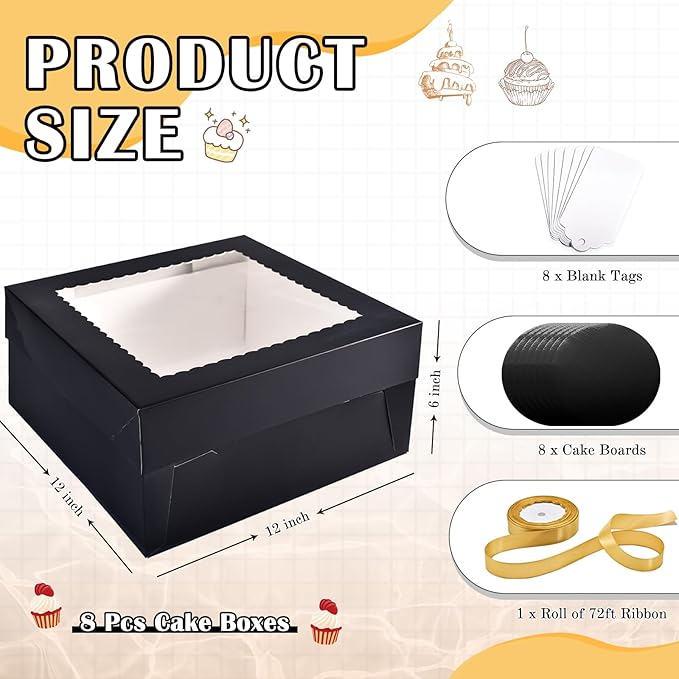16Pcs 12x12x6 Inch Cake Boxes with Cake Boards (8Pcs Black Cake Boxes, 8Pcs Cake Boards), Bakery Boxes with Window, Cake Carrier Container for Birthday Party, Wedding