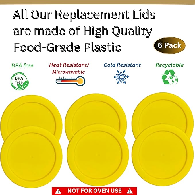 2 Cup/470 mL Yellow Replacement Lids/Covers for Pyrex 7200-PC, 2 Cup/16oz Anchor Hocking & Klare Ware Storage Bowls *Lids Only* - *Glass Container Not Included* (6 Pack, Yellow)