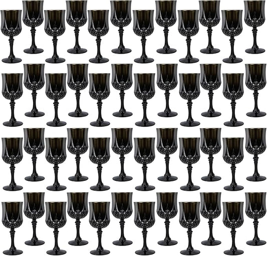 Plastic Wine Glasses,Plastic Goblets Vintage Style Cordial Drinking Glasses for Wedding Reception, Halloween Grand Event Party Supplies (48, Black)