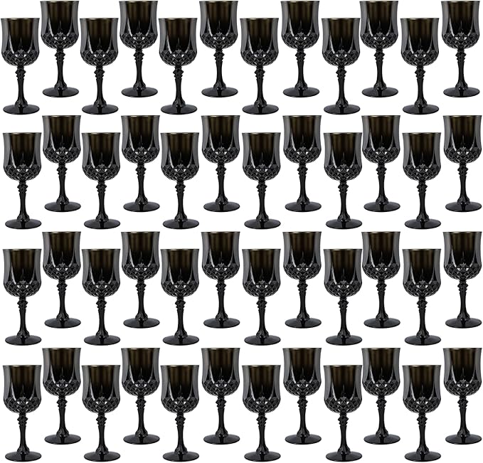 Plastic Wine Glasses,Plastic Goblets Vintage Style Cordial Drinking Glasses for Wedding Reception, Halloween Grand Event Party Supplies (48, Black)