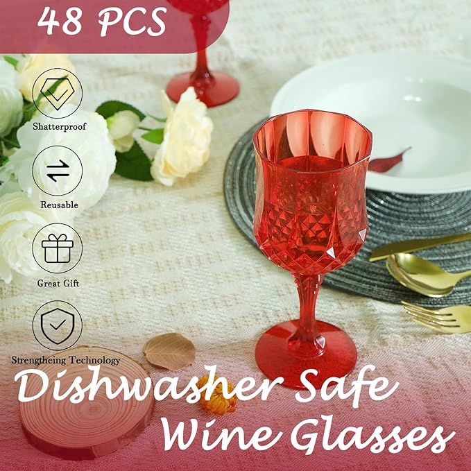 Plastic Wine Glasses,Plastic Goblets Vintage Style Cordial Drinking Glasses for Wedding Reception, Christmas Grand Event Party Supplies (48, Red)
