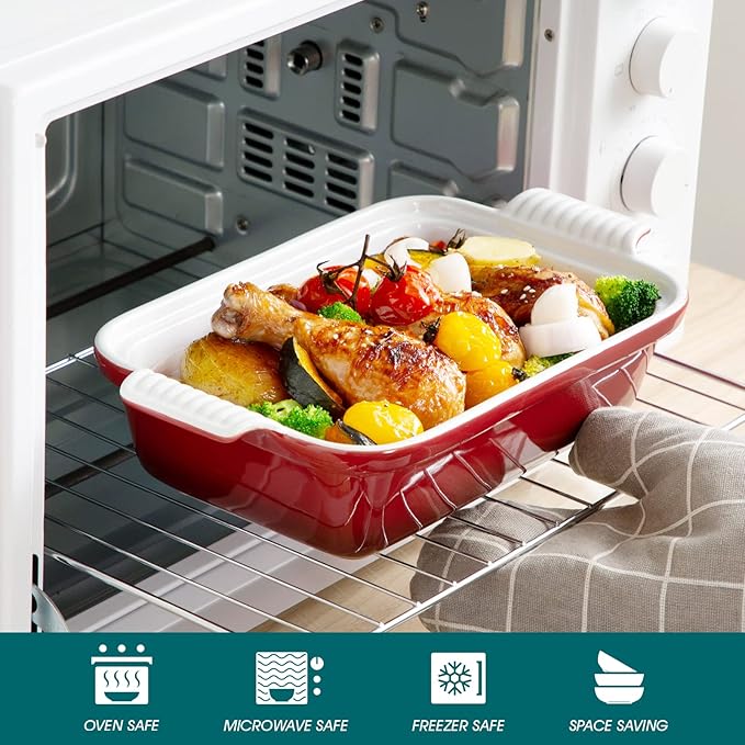 vancasso Blossom Casserole Dish With Lid, 12x7 Lasagna Pan Deep with Lid, 1.9 Quart baking dish with lid Ceramic Casserole Dish Set, Oven, Microwave Safe, Red