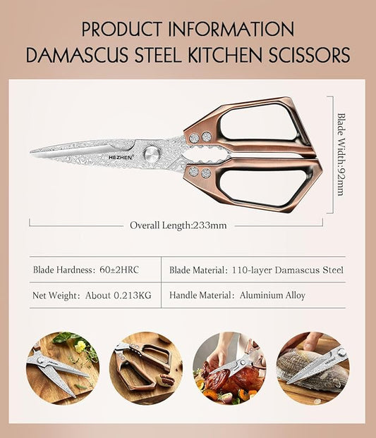 HEZHEN Damascus Kitchen Shears, 110 Layers Damascus Steel Heavy Duty Kitchen Scissors Multifunctional Cooking Scissors Poultry Shears, Aluminium Alloy Handle