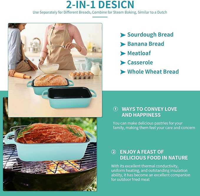 Cast Iron Bread Pan with Lid - 2-in-1 Dual Set, Includes 2 Bread Mats - Bread Baking Pan for Homemade Bread, Cakes, Patties - Even Heating - 2-Piece Set (Lake Blue)