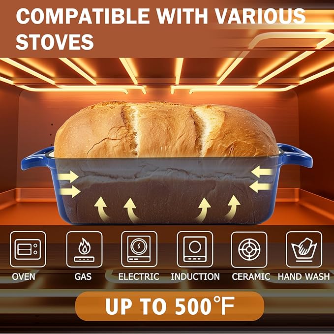 9 x 5 Inch Bread Pan Enameled Cast Iron Loaf Pan with Lid for Baking, 2 in 1 Non-stick Sourdough Bread Loaf Pan for Homemade Bread, Oven & Stovetop Safe for Gas, Electric & Induction, Blue