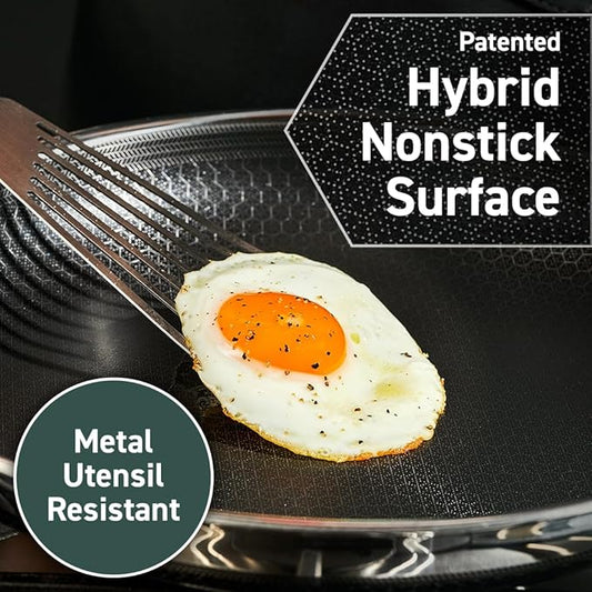 HexClad Hybrid Nonstick 14-Inch Frying Pan with Stainless Steel Lid, Stay-Cool Handles, Dishwasher-Friendly, Oven-Safe Up to 900°F, Induction Ready, Compatible with All Cooktops