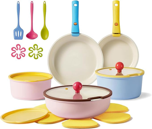 CAROTE 20pcs Ceramic Cookware Set Detachable Handle,Pots and Pans Set Nonstick,Induction Kitchen Cookware with Removable Handle,RV Dishwasher & Oven Safe, PFOA Free