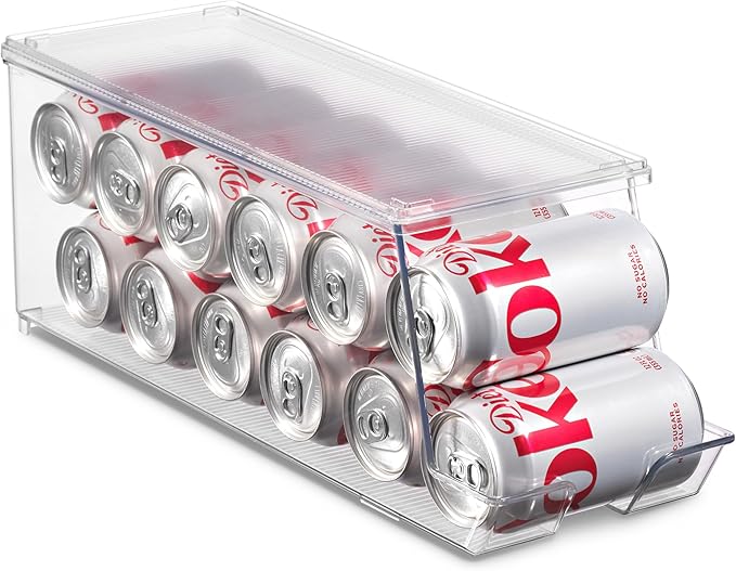 Set of 2 Stackable Refrigerator Organizer Bins Pop Soda Can Dispenser Beverage Holder for Fridge, Freezer, Kitchen, Countertops, Cabinets - Clear Plastic Canned Food Pantry Storage Rack Holds 12 Cans