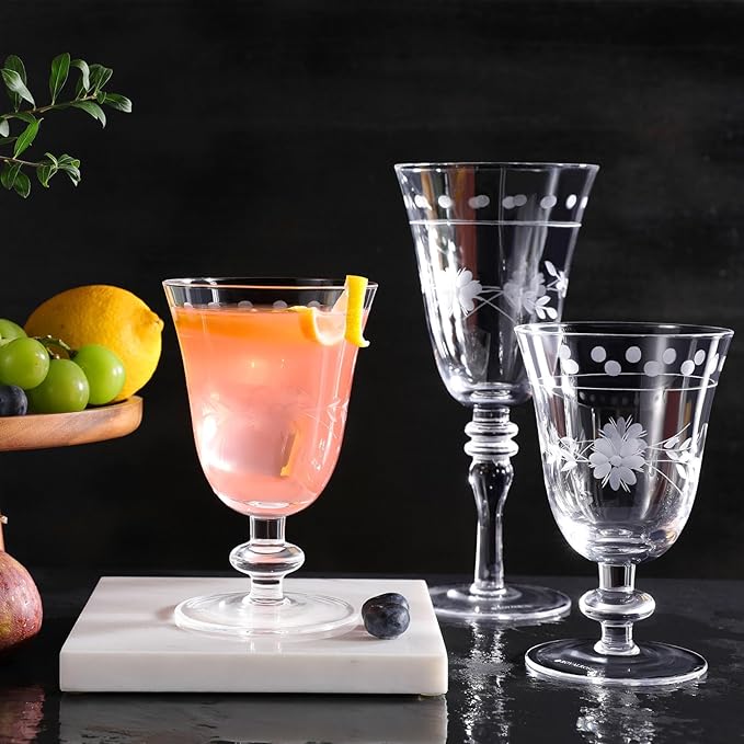 Royalrose Premium Delight Vintage Wine Glasses Set of 4, 10 oz – Hand-Blown with Etched Stem, Classic Glassware for Weddings, Dinners, and Holiday Gifting (Vintage Goblets)