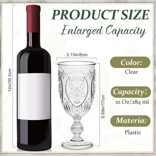 36 Pack Plastic Goblets 10oz Upgrade Vintage Water Goblet Plastic Wine Glasses Colored Retro Embossed Glassware for Party Wine Bar Juice Baby Shower Wedding Reception Grand (Clear)