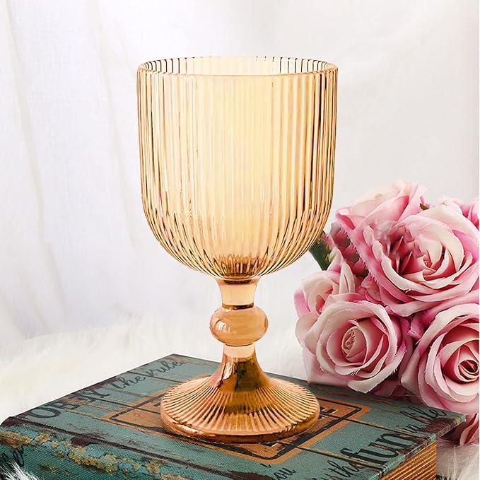 Vintage Wine Glasses Set of 6, 11 Ounces Colored Glass Water Goblets, Colorful Unique Embossed Pattern High Clear Stemmed Glassware Wedding Party Bar Glass Drinking Cups Vertical Line Gold Amber