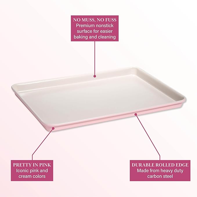 Paris Hilton Nonstick Carbon Steel Bakeware Collection, 15-Inch x 10-Inch Cookie Baking Sheet, Dishwasher Safe, Made without PFOA and PFAS, Pink Cream Two-Tone