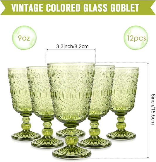 Eaasty Wine Glasses Set of 12 Vintage Goblet 9 oz Vintage Colored Glass Goblet Beverage Stemmed Glass Cups Romantic Embossed Glassware for Wedding Party Holidays Anniversary (Green)
