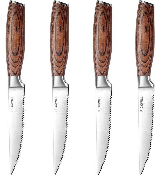 Steak Knives,Steak Knives Set of 4, Ergonomic Wood Handle, 4.5 Inch High Carbon Stainless Steel Serrated Steak Knives Set with Gift Box