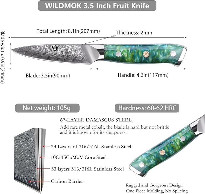 WILDMOK Paring Knife 3.5 Inch, 67 layers Damascus Steel VG 10 Blade Fruit Knife, Small Kitchen Knife, Perfect for Cutting Fruit Vegetables Petty Knife