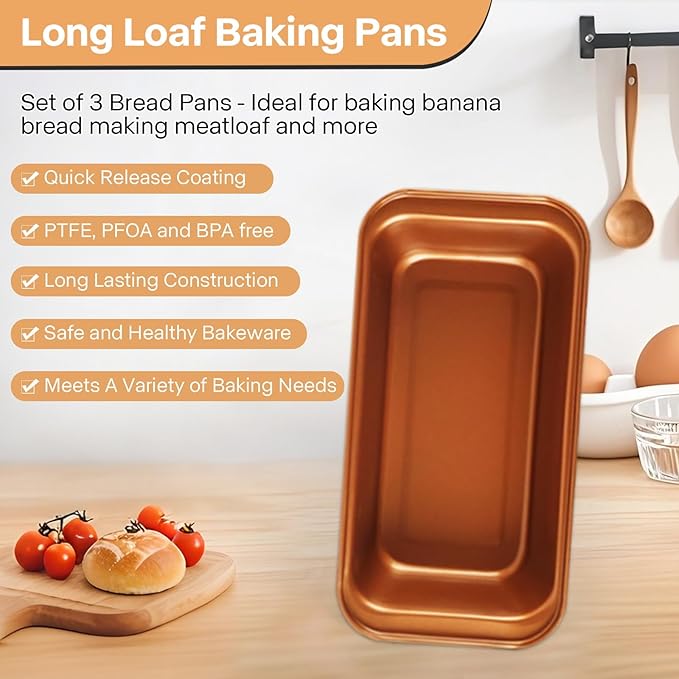 3-Pack 9x5 Loaf Pan for Baking Bread, Nonstick Bread Pan With Copper & Black Two-Tone Finish Perfect for Homemade Bread, Meatloaf, Pound Cake