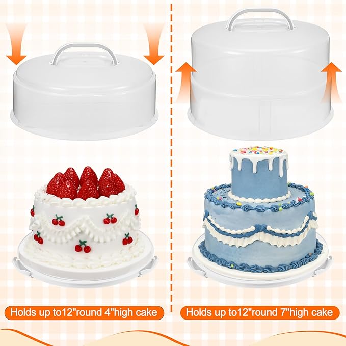 12 Inch Large Cake Carrier with Lid and Handle for 12" Round 7" High Cake Adjustable Plastic Pies Carrier Portable Cupcakes Transport Container for Cookies Pizza and More(White)