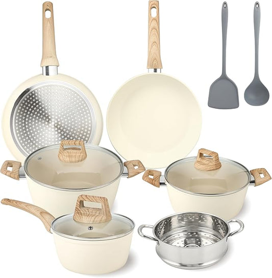 FAB&DELUXE Nonstick Cookware Set,11 Pcs Nonstick Pots and Pans, Aluminum Cooking Set with Lids & Wooden Handles, Non-Toxic Healthy Kitchen Cookware Sets, Silicone spoons & Spatulas, PFAS & PFOA Free