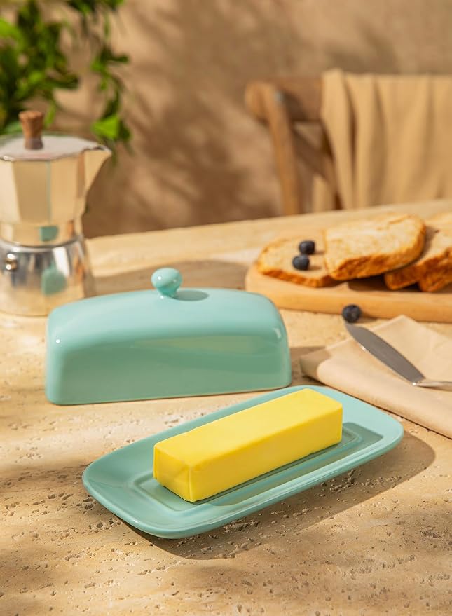 Sweese Butter Dish with Lid, Porcelain Butter Keeper, 7.8 Inch Butter Holder with Handle Cover, Butter Container Perfect for East West Coast Butter, Turquoise