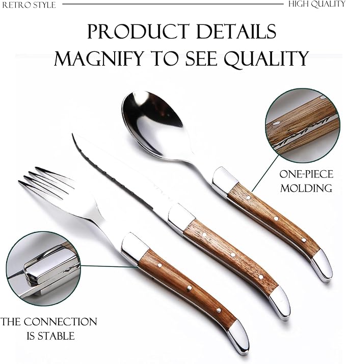 12 Piece Silverware Set, Flatware Set for 4, 1810 Stainless Steel Tableware Cutlery Set With Golden teak wood handle, Utensil Sets for Kitchen,Dishwasher Safe (12pcs)