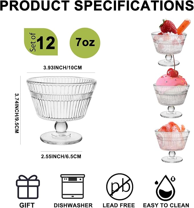 Vintage Glass Dessert Bowls, Dessert cups Set of 12, 9 oz Sundae Cups for Ice Cream, Fruit, Pudding, small snacks, Yogurt, and Appetizers (12)