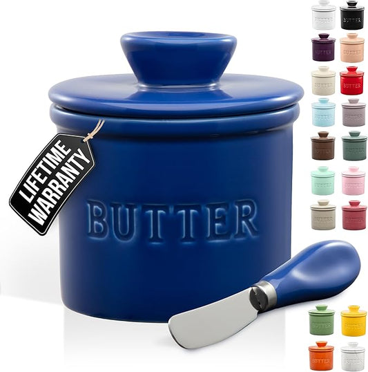 Zulay Kitchen Porcelain Butter Crock With Lid & Knife - Authentic French Butter Dish For Fresh & Spreadable Butter - Blue
