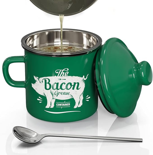 PGYARD Mini Bacon Grease Container With Strainer - 15OZ Enamel Grease Saver, Farmhouse Bacon Grease Keeper For Kitchen Fat Storage, Dishwasher Safe-Green