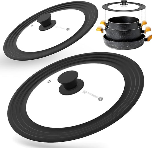 Universal Lid for Pots Pans & Skillet Size 7, 7.5, 8, 8.5, 9, 9.5,10, 10.5,11 & 11.5" Inches Cookware - Tempered Glass Lid with Silicone Rim (Two Pack - Black)