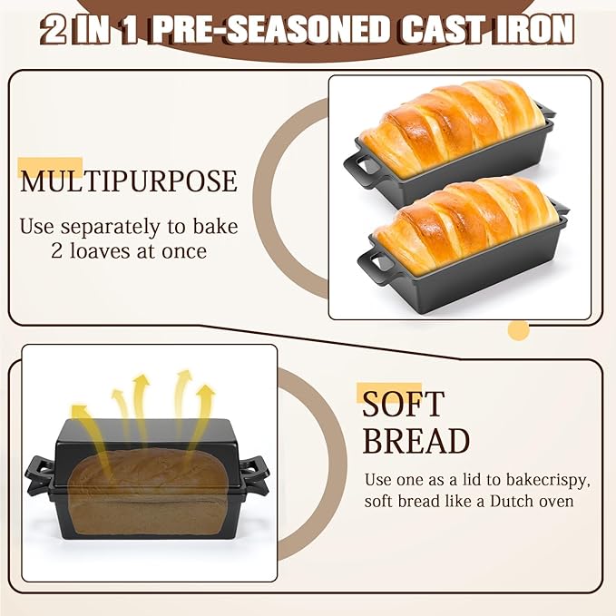 2 Piece 10 x 5 Inches Cast Iron Bread Pan with Lid 2 in 1 Loaf Pans Set Bakeware Sourdough Pots for Baking Bread Homemade Meatloaf(Black Cast Iron)
