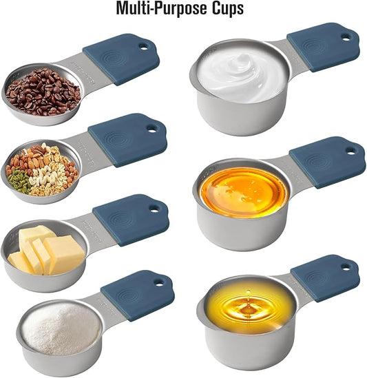 Magnetic Measuring Cups and Magnetic Measuring Spoons Set of 16, Heavy Duty 304 Stainless Steel Cups and Spoons With Leveles For Cooking & Baking (Blue)