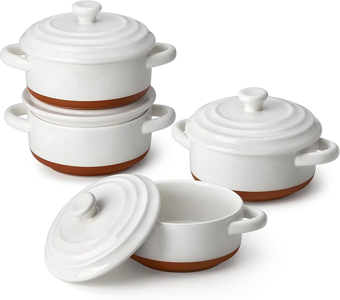 MALACASA Mini Cocotte Set - 12 OZ Small Casserole Dishes for Oven, Ramekins with Lids and Handles, Ceramic Mini Dutch Oven Set of 4, Microwave & Dishwasher Safe, Khaki White, Series TARA
