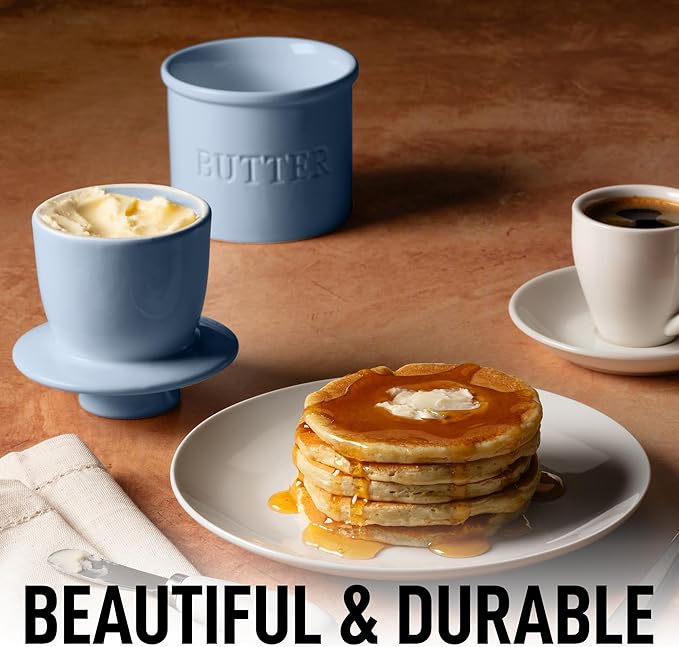 Zulay Kitchen Porcelain Butter Crock With Lid & Knife - Authentic French Butter Dish For Fresh & Spreadable Butter - Blue-Gray