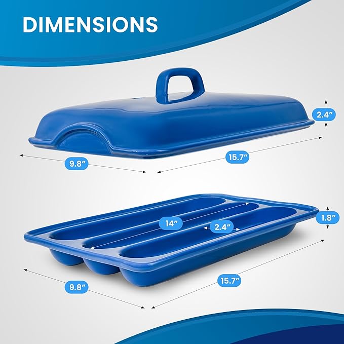 Baguette Pan with Lid for French Bread – 3 Slot Blue Bread Baker Tray – Ceramic Baguette Mold for Sub Rolls, Hoagie, Italian Loaf – Easy-Lift Handle & Vented Crisp Crust Baking