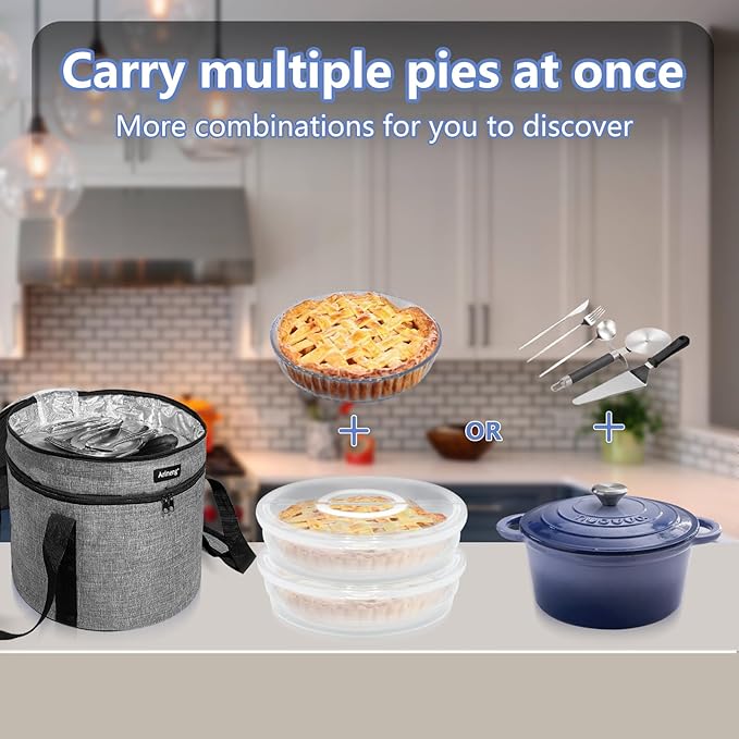 2 pack pie carrier with lid and handle,of insulated bag,pie carriers for transport,Holds 3 pies/Pizza,Thanksgiving Day (Grey, 2 pie carriers + insulated bag)
