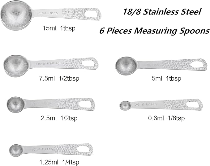 Measuring Spoons Set, 18/8 Stainless Steel Measuring Spoons Set for Dry & Liquid, Metric & US 6 Measuring Spoons with 1 Leveler & 1 Locking Ring for Baking & Kitchen