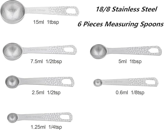 Measuring Spoons Set, 18/8 Stainless Steel Measuring Spoons Set for Dry & Liquid, Metric & US 6 Measuring Spoons with 1 Leveler & 1 Locking Ring for Baking & Kitchen