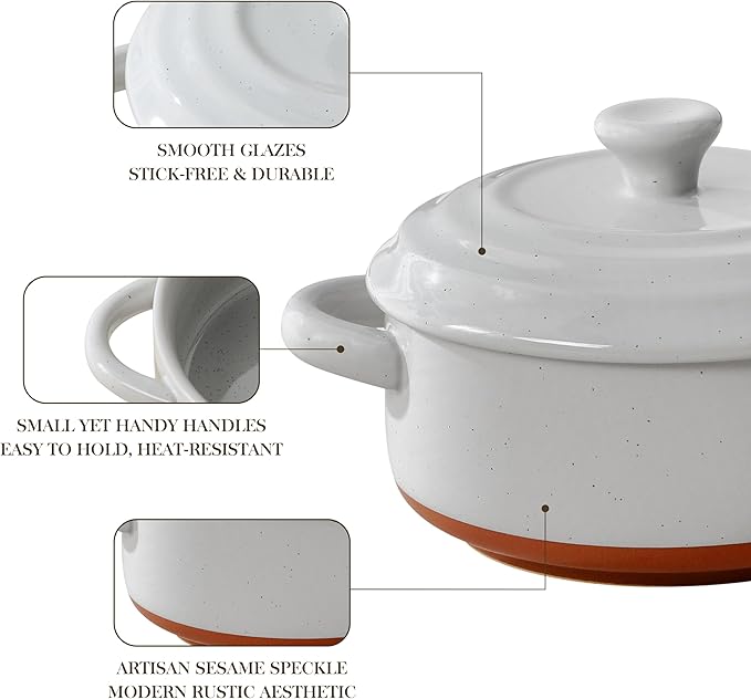 MALACASA Mini Cocotte Set - 12 OZ Ramekins with Lids and Handles, Small Casserole Dishes for Oven, Ceramic Small Baking Dish Set of 4, Microwave & Dishwasher Safe, Khaki Grey, Series TARA