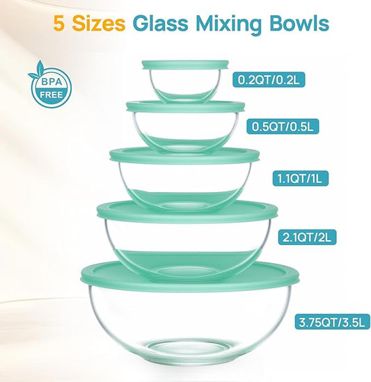 Vtopmart 5 Pack Glass Mixing Bowls with Plastic Lids Set (3.75/2.1/1.1/0.5/0.2 QT), Salad Bowl Set, Nesting Kitchen Bowls for Serving, Prepping, Cooking and Baking, Dishwasher & Microwavable Safe