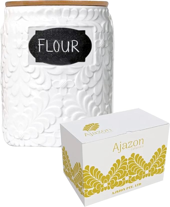 Ceramic Canister Set for the Kitchen Set of 2 94/52 Oz Food Storage Containers, Airtight Bamboo Lid, Decorative Flour Sugar Coffee Canister, Food Container for Coffee, Flour, Sugar, Cookie Jar (52Oz)