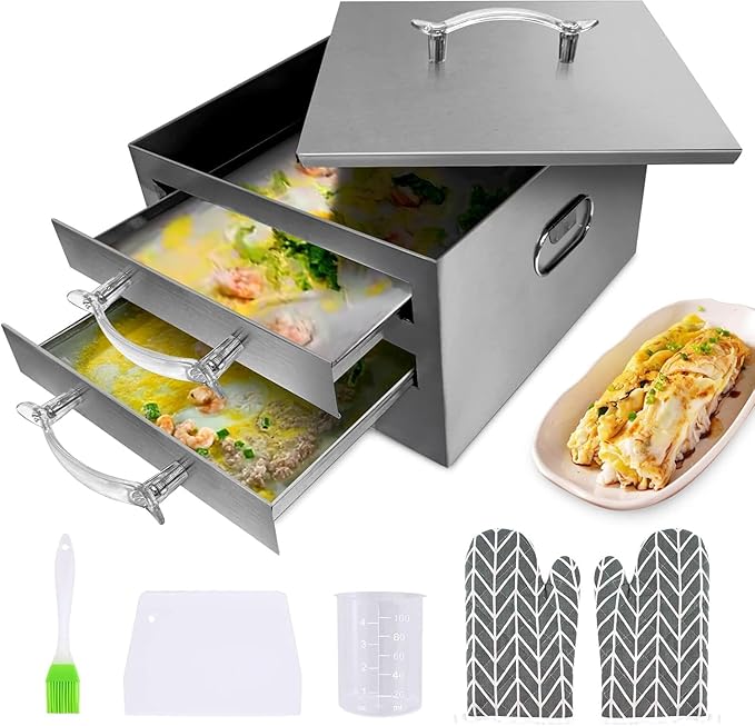 2-Layer Rice Roll Steamer, Stainless Steel Rice Noodle Roll Steamer with Acrylic Handle Steam Tray, Top Open Rice Noodle Roll Machine, for Chinese Cheung Fun Changfen Cuisine Recipes Cookware