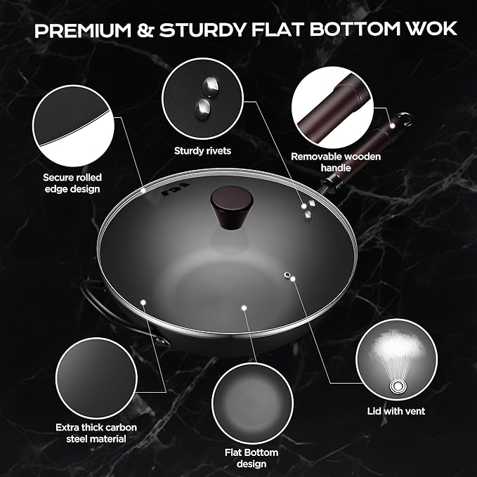 Wok, 13 Inch carbon steel woks with steamer & stir-fry pans nonstick, Pre-Seasoned 5.8QT Flat Bottom Chinese Wok Pan with lid, Carbon Steel Cookware, Compatible with All Cooktops