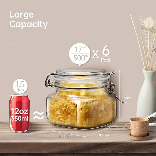 17oz - 6 Pack Square Glass Jars with Airtight Lid, Wide Mouth Mason Jars with Clamp Lids, Air Tight Glass Canisters, Best Food Storage Containers for Cereal, Pasta, Rice, Sugar, Coffee, Spice