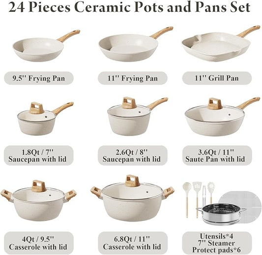 24 Pcs Pots and Pans Set Non Stick Ceramic Cookware Set,Healthy Non Toxic Kitchen Cookware Sets with Large Capacity,Induction Compatible,PFAS/PTFE/PFOA/PFOS Free,Cream White