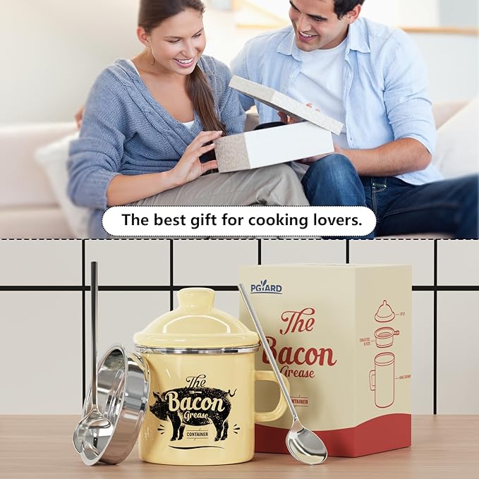 PGYARD Mini Bacon Grease Container With Strainer - 15OZ Enamel Grease Saver, Farmhouse Bacon Grease Keeper For Kitchen Fat Storage-Beige