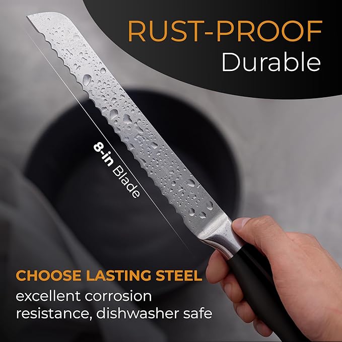 Orblue Serrated Bread Knife Ultra-Sharp Stainless Steel Professional Grade Bread Cutter - Cuts Thick Loaves Effortlessly - (8-Inch Blade with 5-Inch Handle), Black