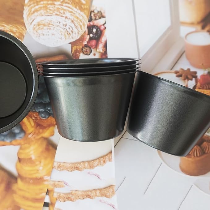 Popover Pans Nonstick 6 Packs, Individual Larger Muffin, Versatile Round Baking Cups for Popover, Muffins, Quiche, Tarts, Cupcakes, Pudding - Carbon Steel, Black