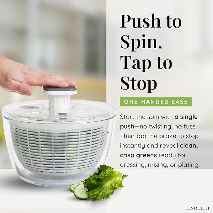 Glass Salad Spinner 6.3QT with Storage Lid | One Handed Press Lettuce Spinner | Salad Spinner for Washing, Spinning, and Draining Greens, Fruits, and Vegetables